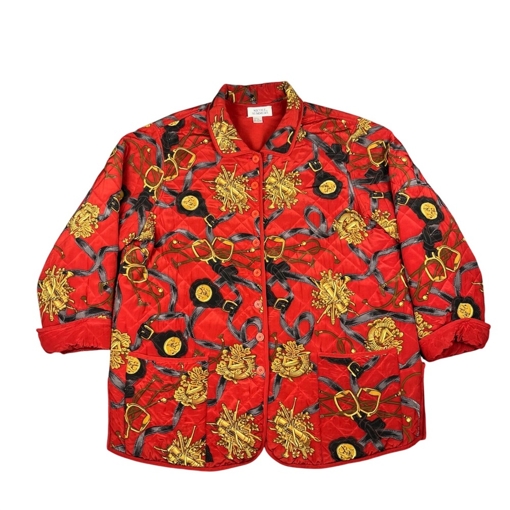 Vtg Nicole Summers Jacket Womens 2X Red Silk Quilted Equestrian Hunt Coat Horse